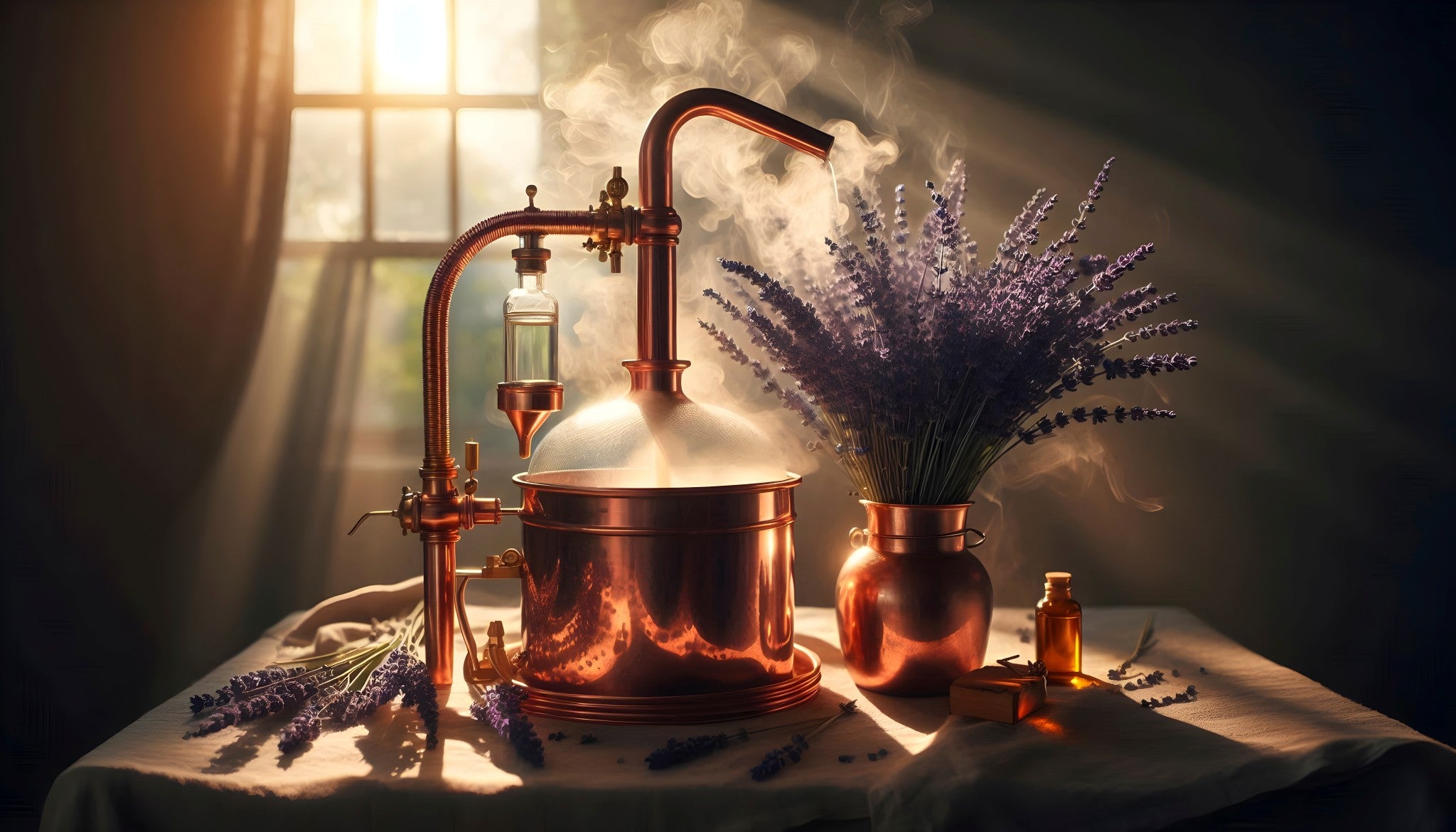 Traditionelle Kupfer-Destille mit Lavendel und ätherischen Ölen im Sonnenlicht.