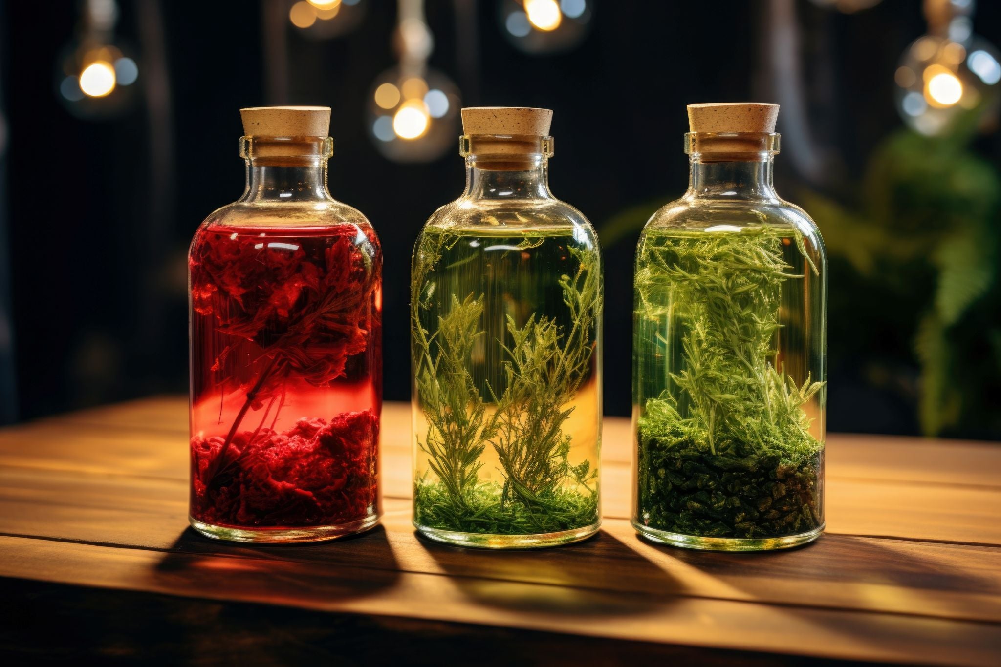 Drei dekorative Glasflaschen mit eingelegten Kräutern auf Holz – symbolisch für hochwertige Naturöle und botanische Vielfalt