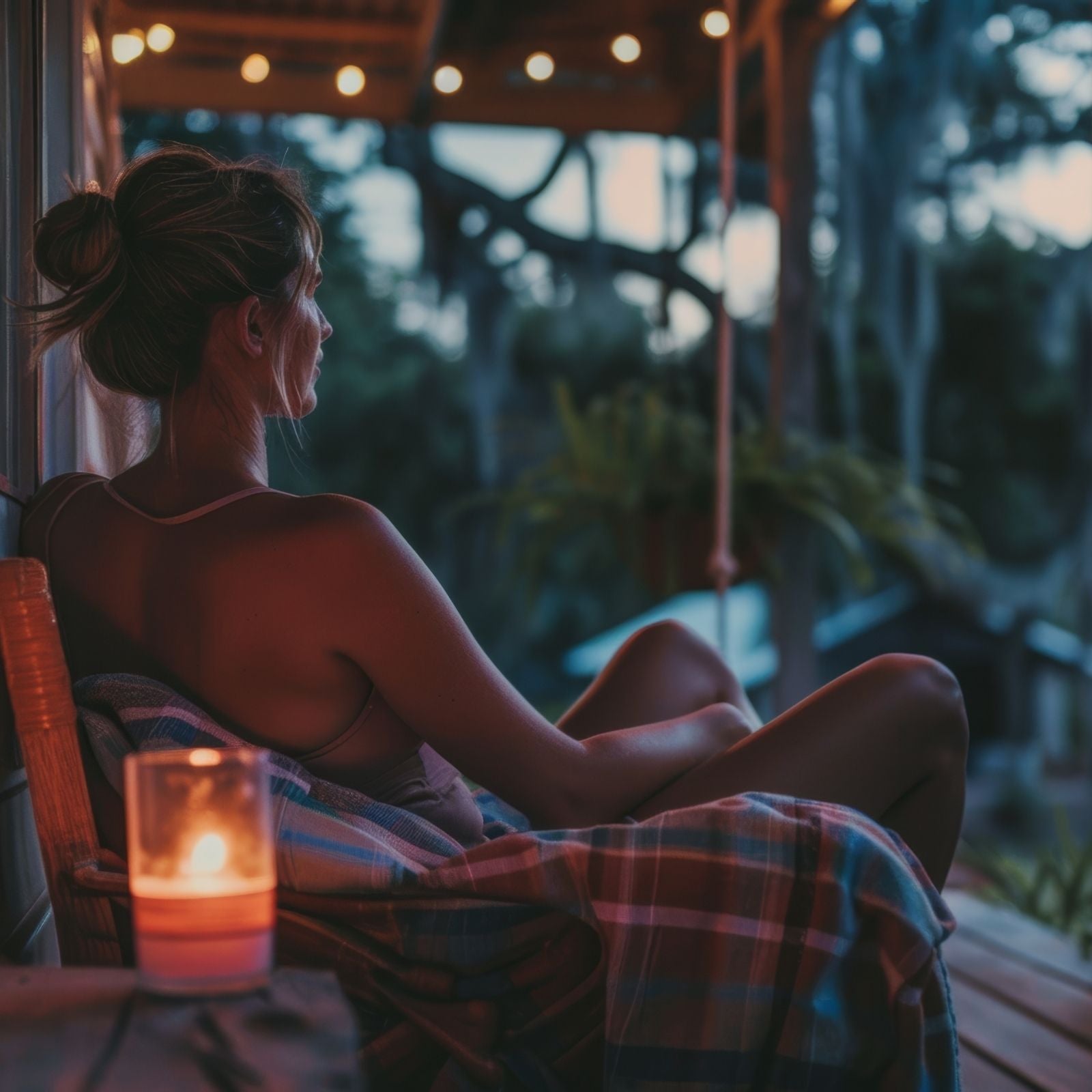 Frau sitzt entspannt auf einer Veranda im Abendlicht, eingehüllt in eine Decke, mit Kerzenschein und Lichterkette – stimmungsvolle Sommeratmosphäre im Freien