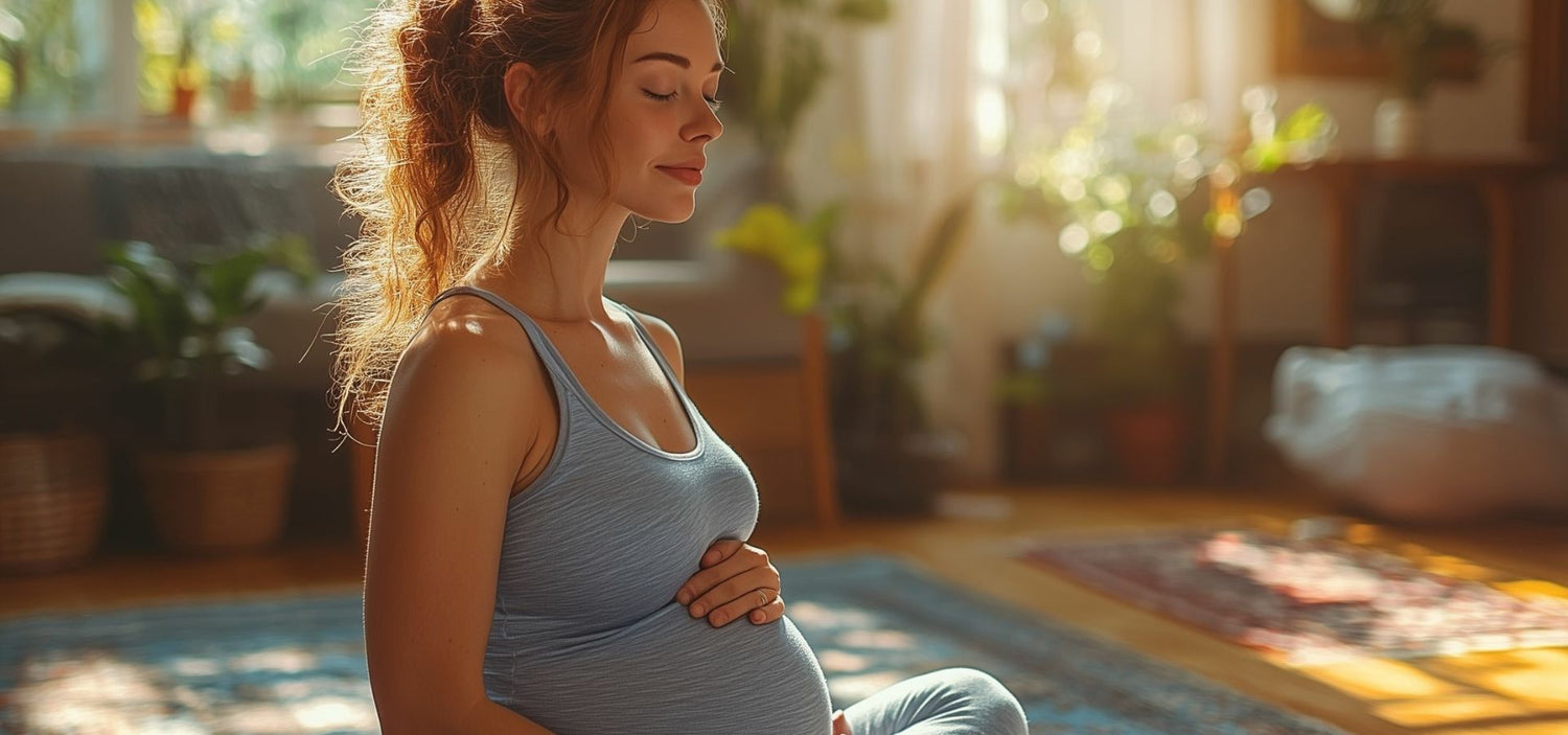 Schwangere Frau meditiert im sanften Morgenlicht – ein Moment voller Ruhe, Selbstfürsorge und innerer Balance