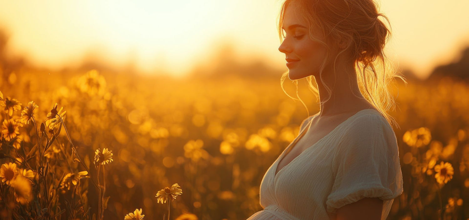 Schwangere Frau im goldenen Abendlicht zwischen Wildblumen – Sinnbild für Weiblichkeit, Naturkraft und stille Hoffnung