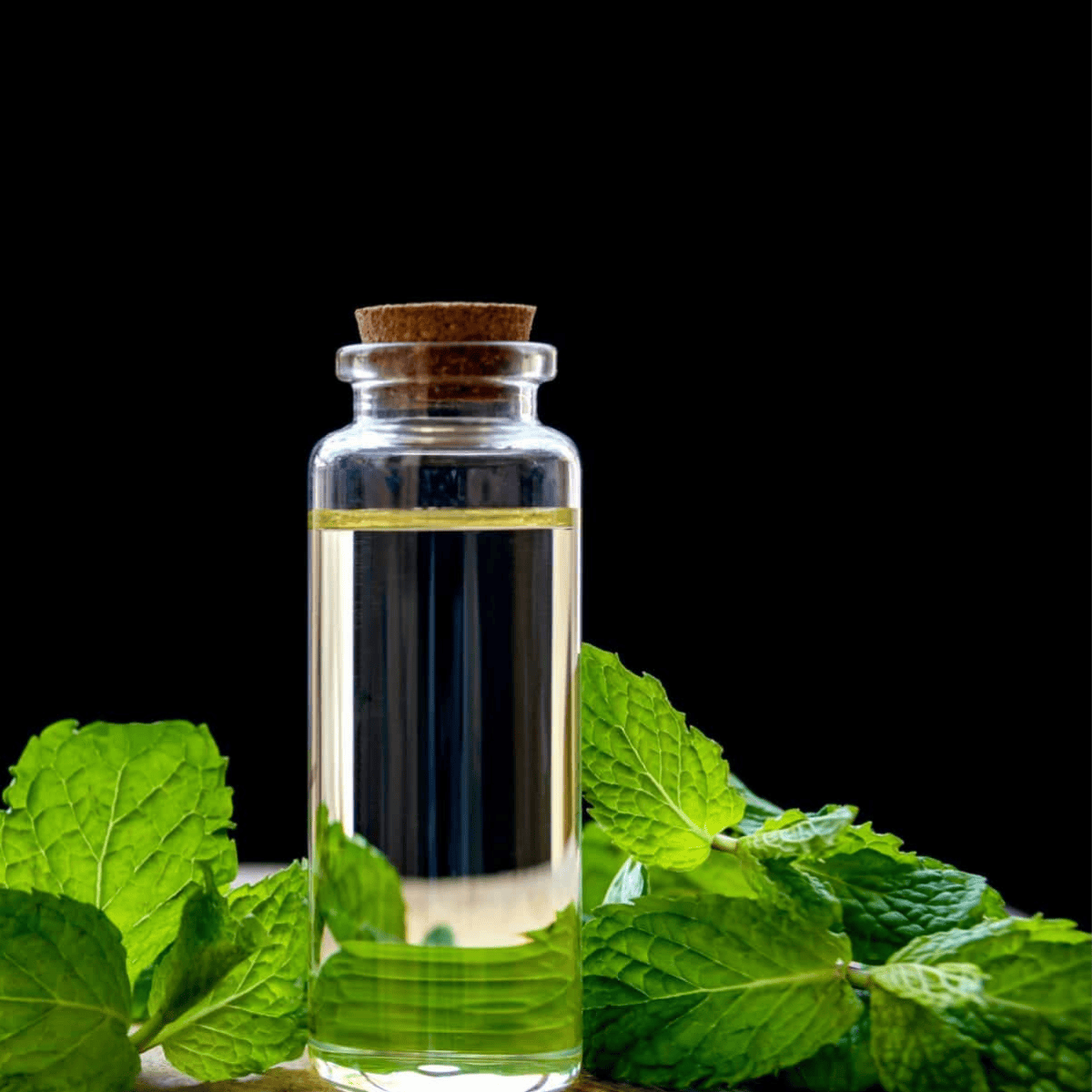 Frische Pfefferminzblätter neben einem Glasfläschchen mit Hydrolat – Ursprung des Bio-Pfefferminzhydrolats