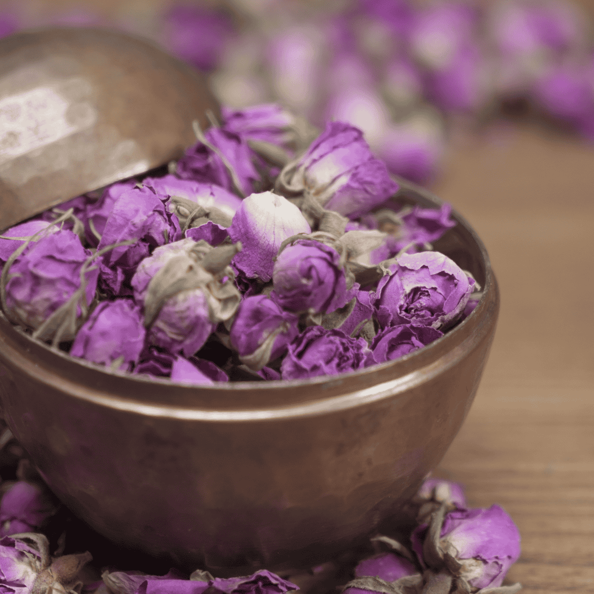 Getrocknete Rosenknospen in einer Kupferschale – Symbol für die lange Tradition und Geschichte des Rosenöls