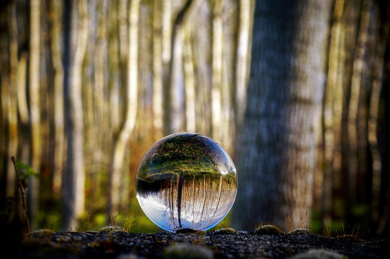 Glaskugel im Wald, die Bäume in reiner Klarheit widerspiegelt – Symbol für Reinheit, Achtsamkeit und Naturverbundenheit. Universelles Collection-Bild von ESSENCE-PUR. (Foto: Pietro Merola, Pixabay)
