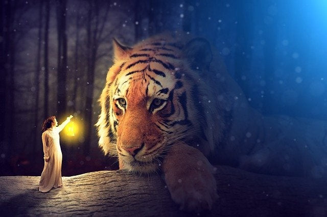 Frau mit Laterne vor einem Tiger – Symbol für Mut & innere Stärke, inspiriert von der FEARLESS Mutigmischung von ESSENCE-ORIGINALS