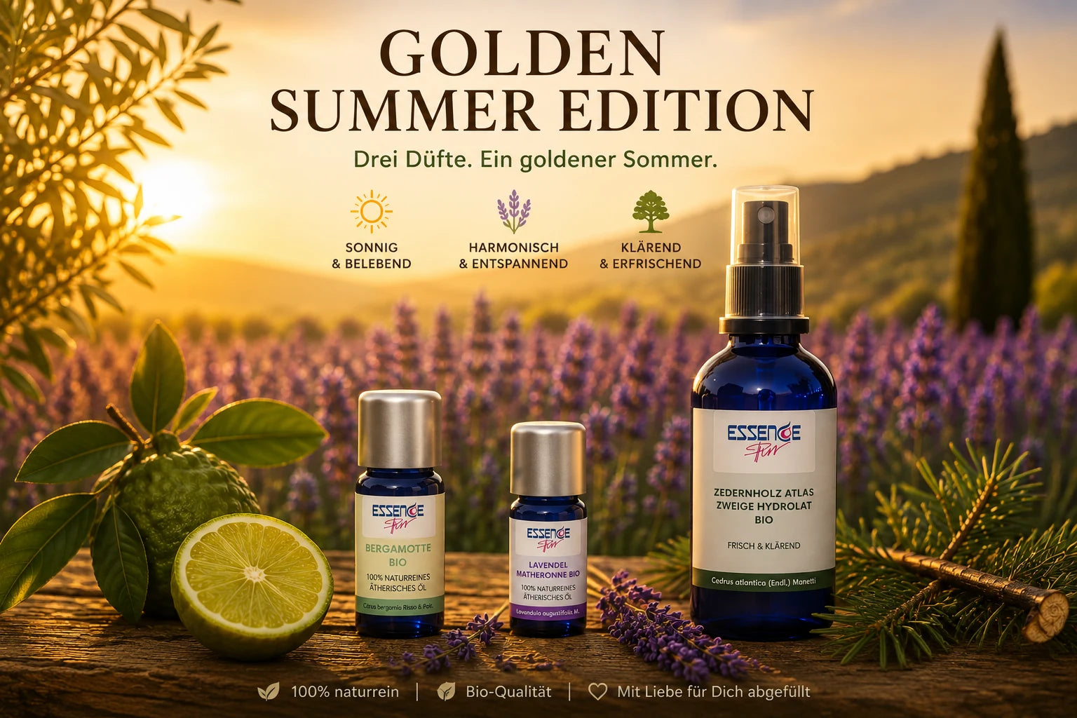 GOLDEN SUMMER EDITION von ESSENCE-PUR mit Bergamotte bio, Lavendel Matherone bio und Atlaszeder-Zweige Hydrolat bio