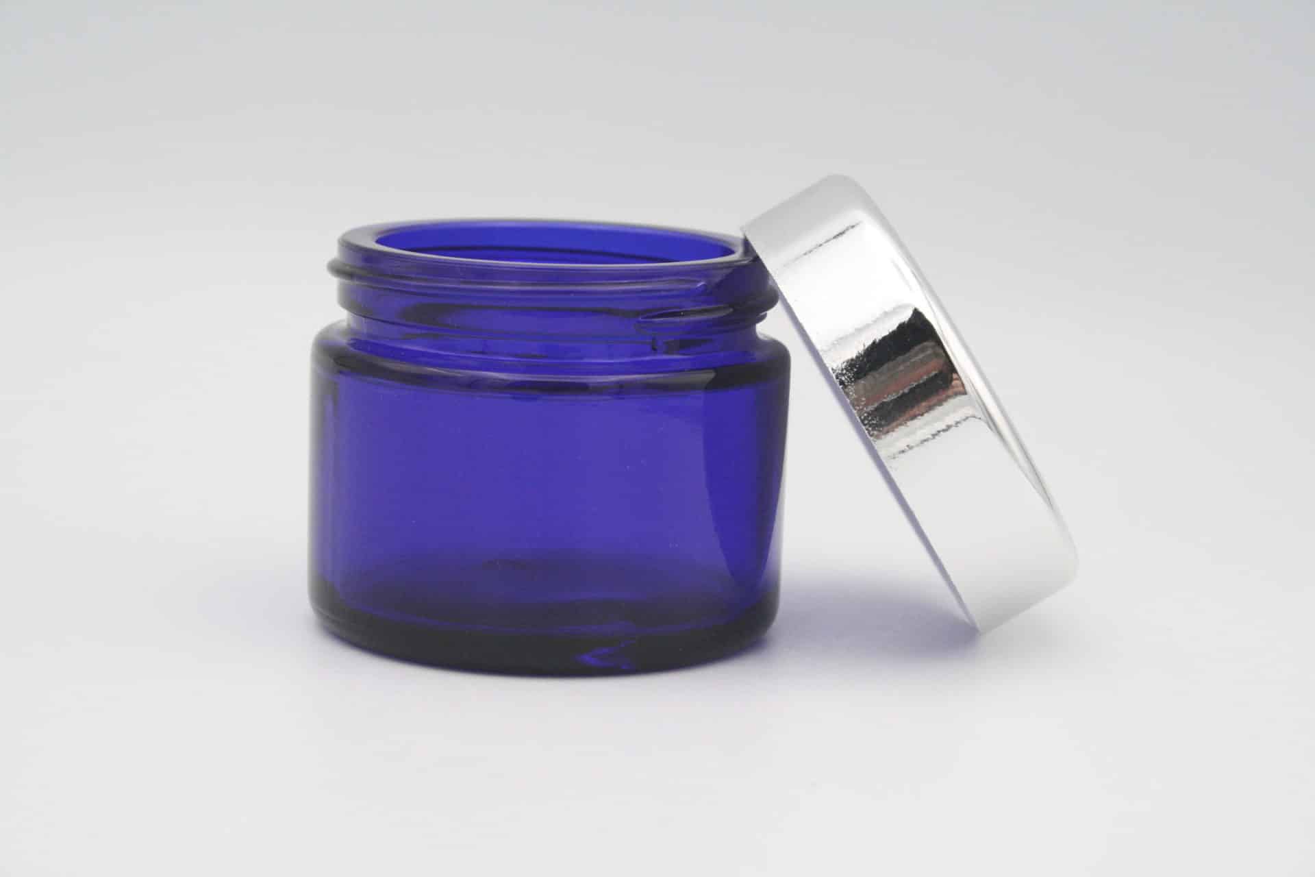 Glasdose blau 50 ml (mit Deckel silber)