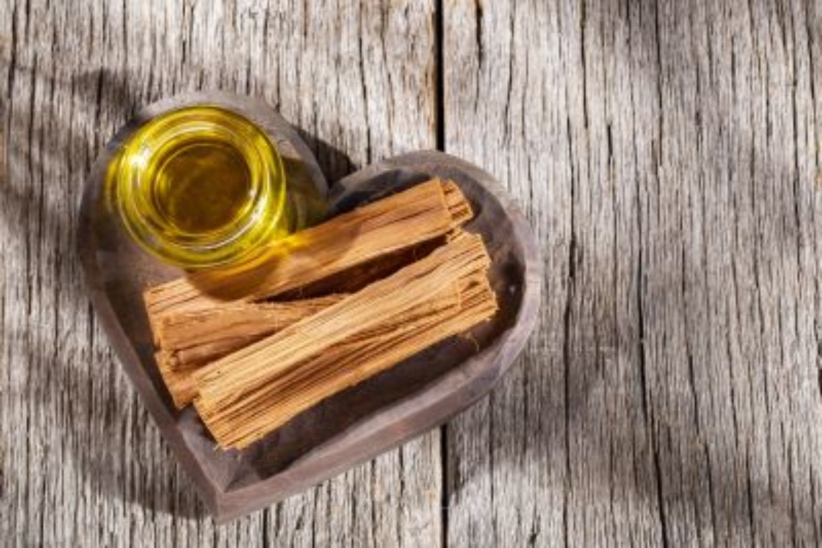Herzförmige Schale gefüllt mit Palo Santo Öl (Heiliges Holz) - ätherisches Öl - Palo Santo Holz aus Peru – repräsentiert naturreines Palo Santo Öl