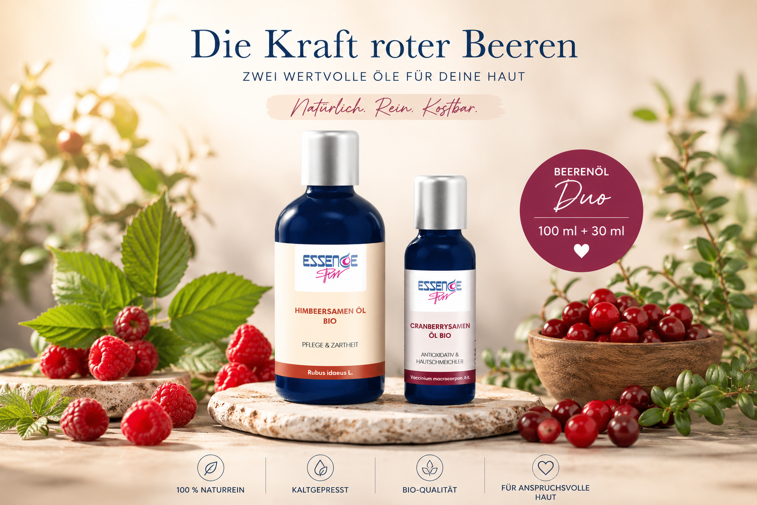 Beerenöl Duo mit Himbeersamenöl bio (100 ml) und Cranberrysamenöl bio (30 ml) – zwei kaltgepresste Bio-Pflegeöle für anspruchsvolle Haut von ESSENCE-PUR.