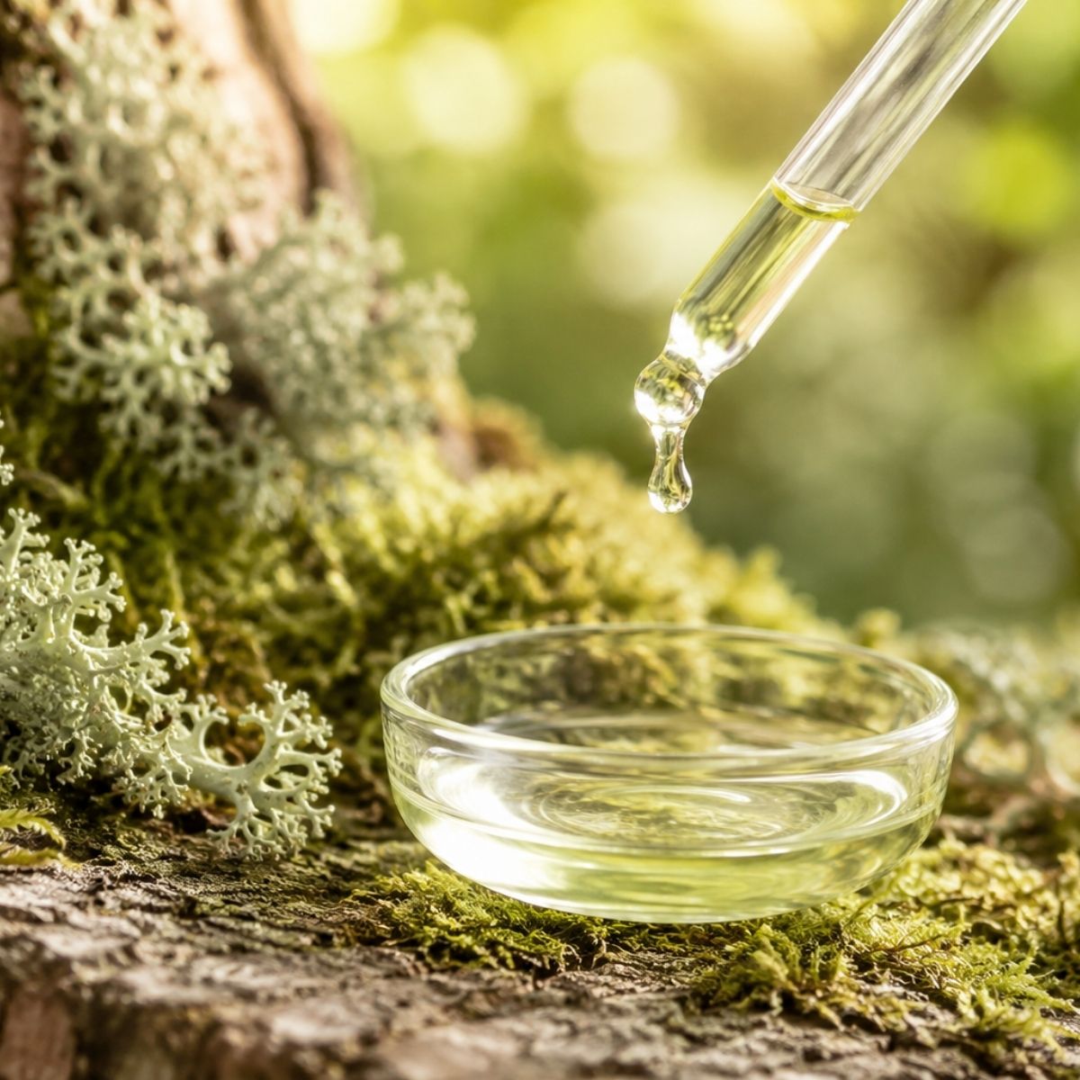 Eichenmoos Absolue 10 % in Bio-Alkohol mit Pipette und Glasschale auf Baumrinde mit Moos und Flechten – Evernia prunastri für Naturparfümerie