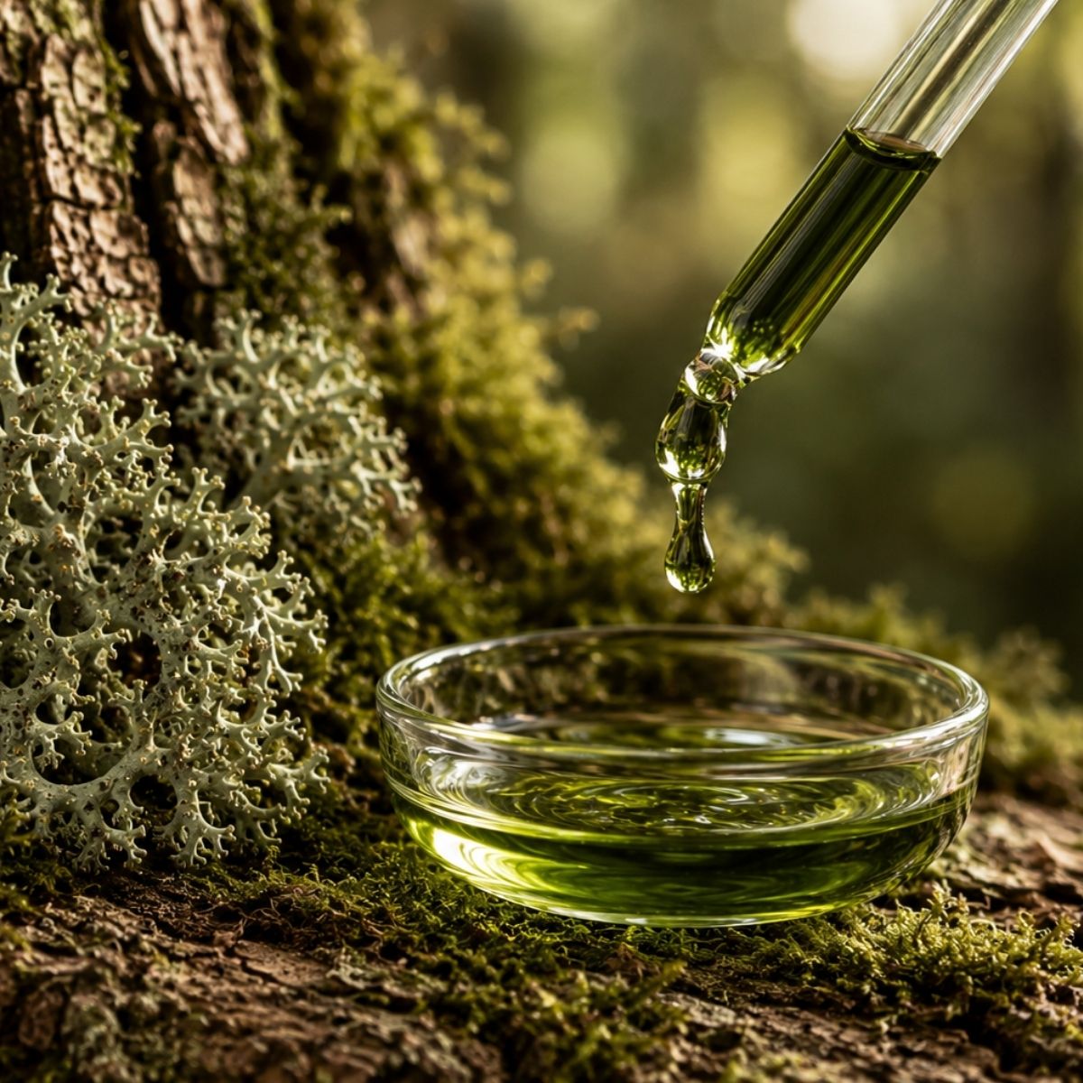Eichenmoos Absolue 50 % in Bio-Alkohol mit Pipette und grüner Lösung auf Baumrinde mit Moos und Flechten – Evernia prunastri für Naturparfüms
