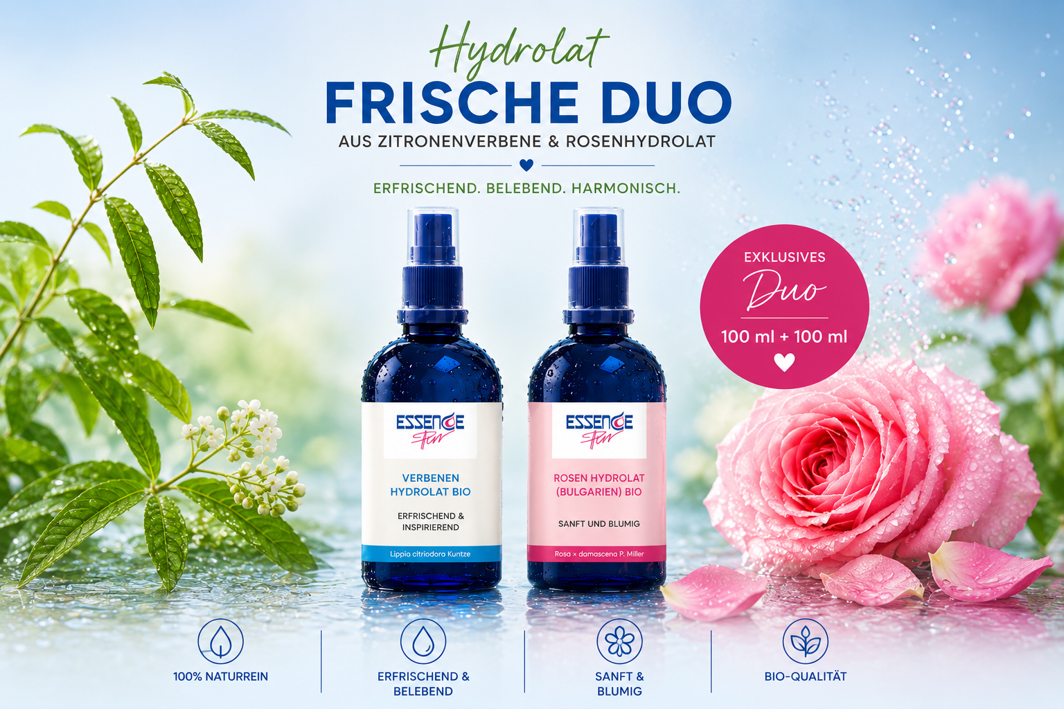Hydrolat Frische Duo mit Zitronenverbene Hydrolat bio und Rosenhydrolat bio aus Bulgarien – 100 % naturreine Bio-Hydrolate von ESSENCE-PUR.