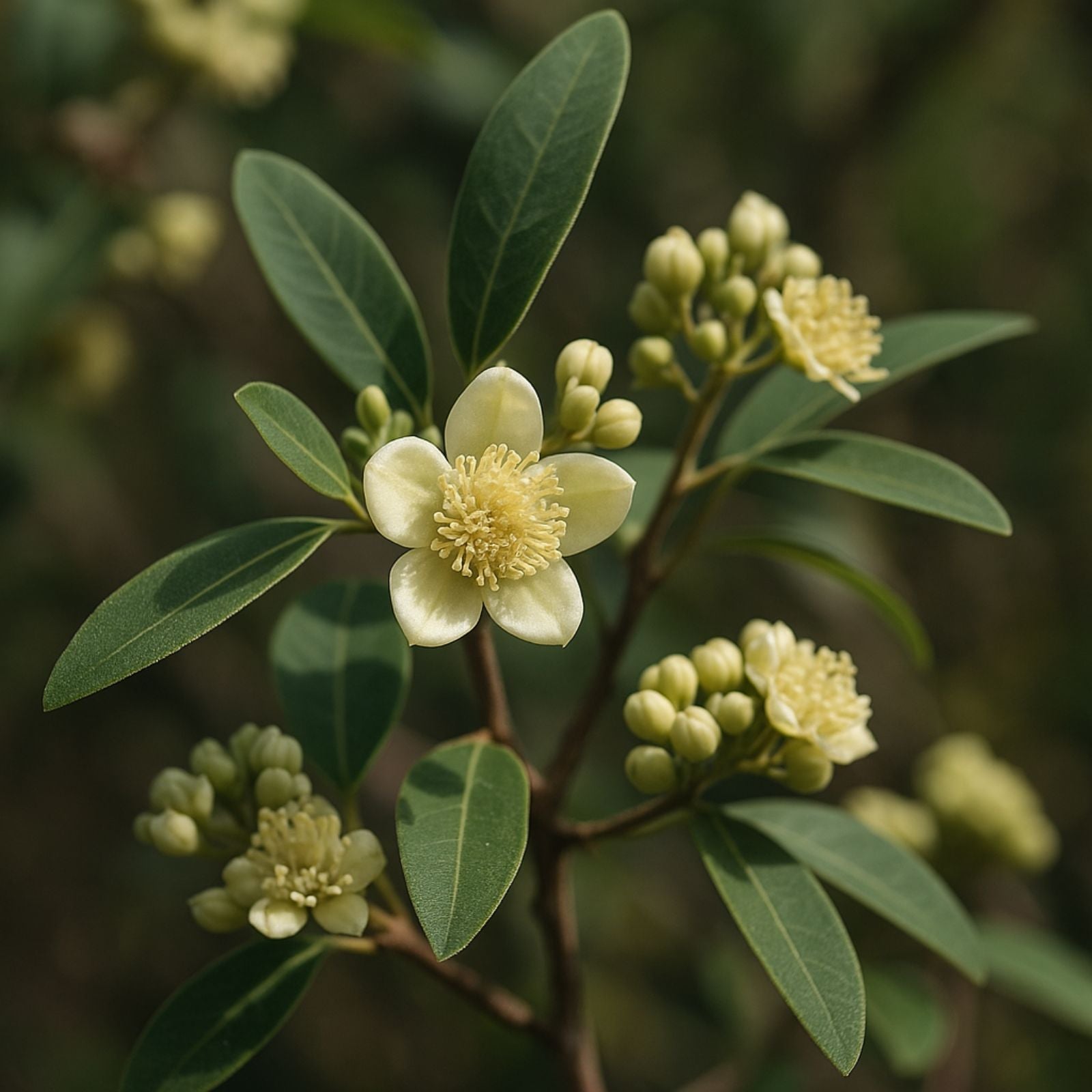 Blühende Katrafay-Pflanze (Cedrelopsis grevei) mit cremeweißen Blüten und sattgrünen Blättern im natürlichen Licht Madagaskars.