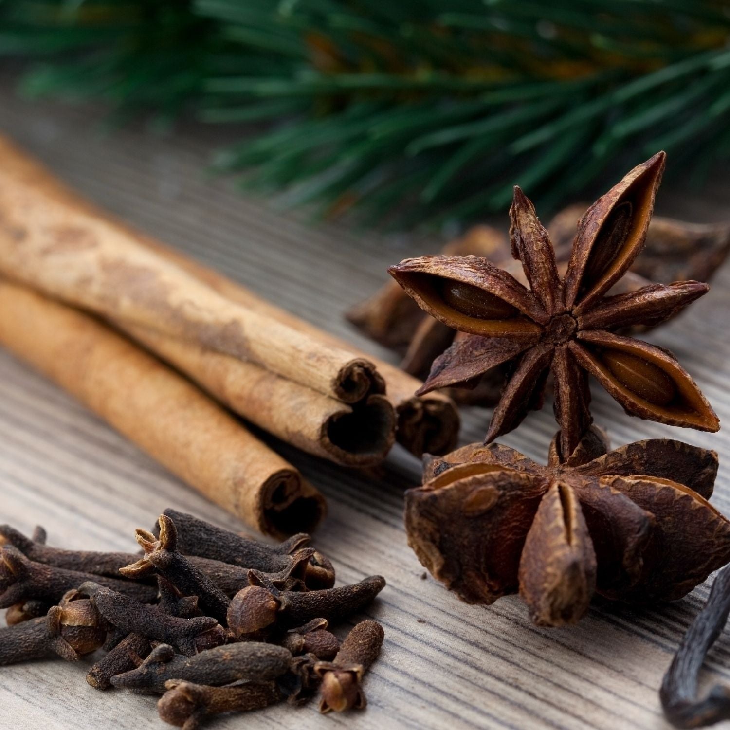 Getrocknete Nelken, Zimtstangen und Sternanis auf Holz – würzige Essenzen für Nelkenöl von ESSENCE-PUR