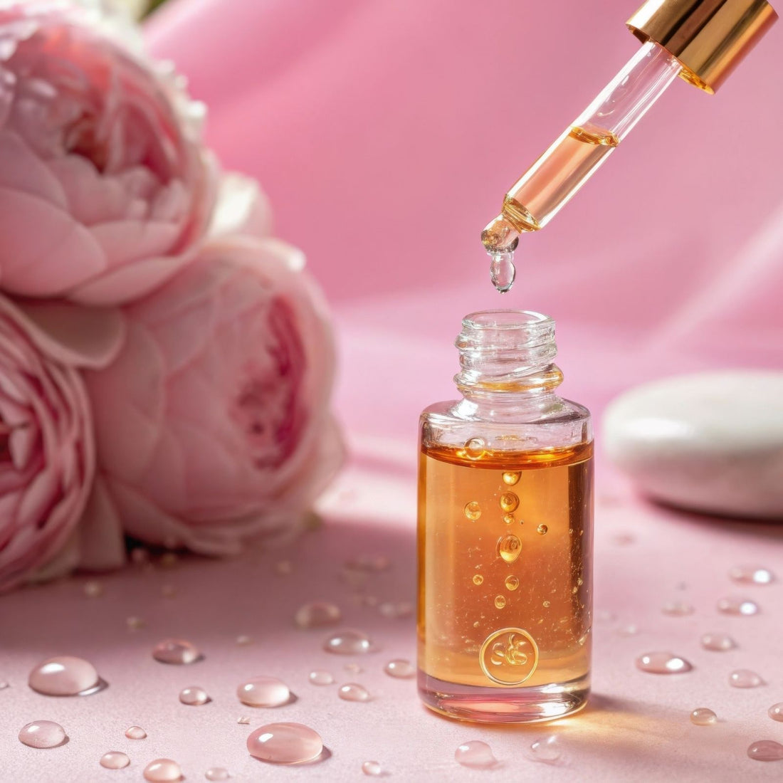 Glasfläschchen mit Pipette und goldener Verschlusskappe, umgeben von zarten Rosenblüten auf rosa Untergrund – Symbol für die Sanftheit und Reinheit ätherischer Öle.