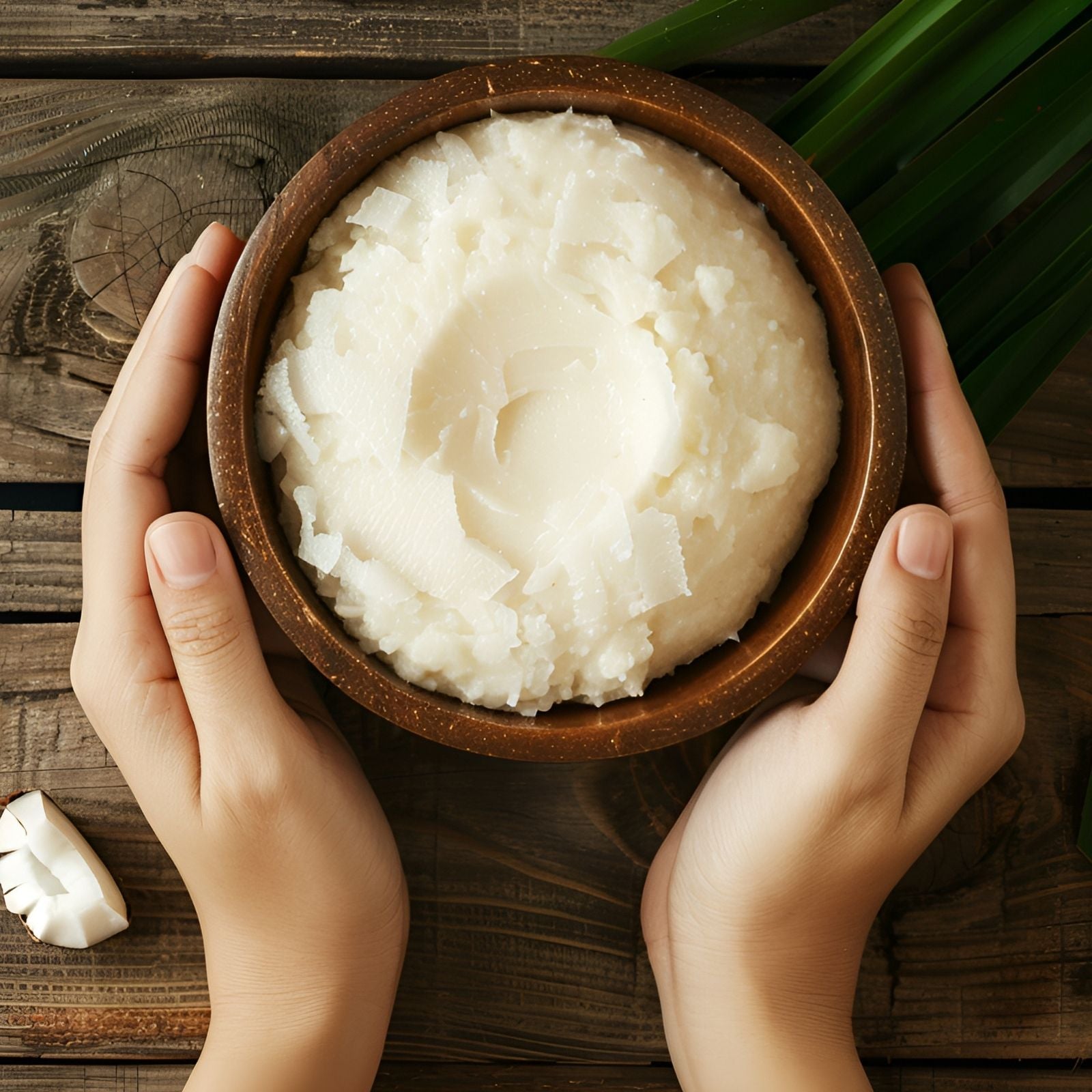 Naturreine Körperbutter in brauner Schale – gehalten von zwei Händen auf rustikalem Holztisch