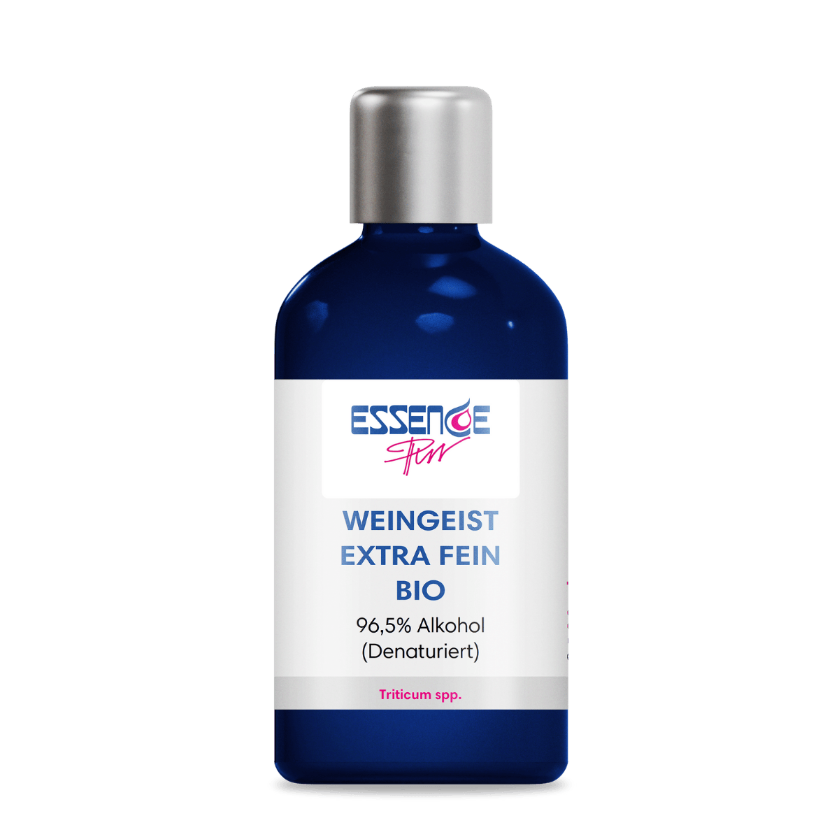 Weingeist extra fein bio 96,5 % Alkohol (denaturiert) in blauer Glasflasche mit silbernem Schraubverschluss – ESSENCE-PUR