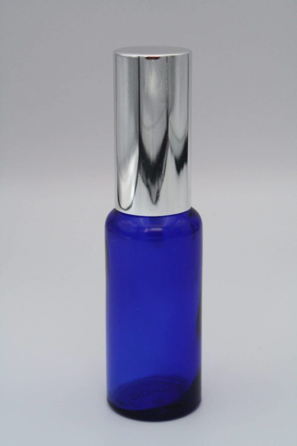 Spenderflasche blau 30ml mit Deckel silber geschlossen