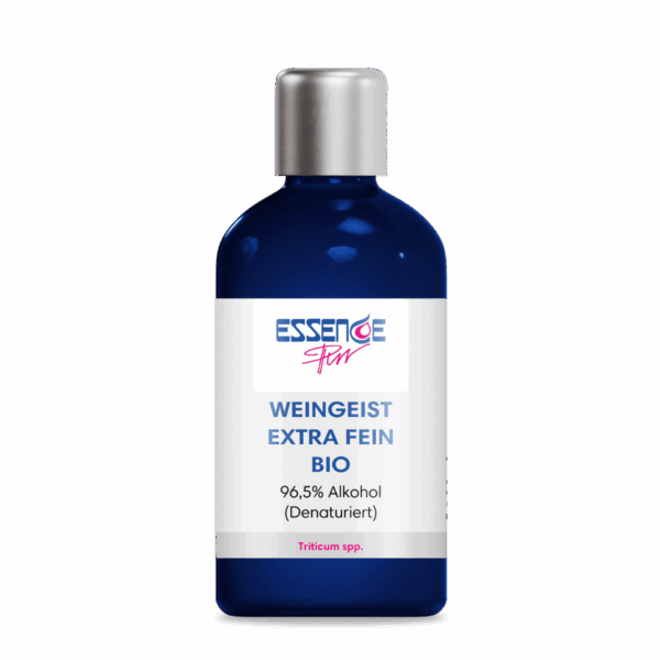 Weingeist extra fein bio 96,5 % Alkohol (denaturiert) in blauer Glasflasche mit silbernem Schraubverschluss – ESSENCE-PUR