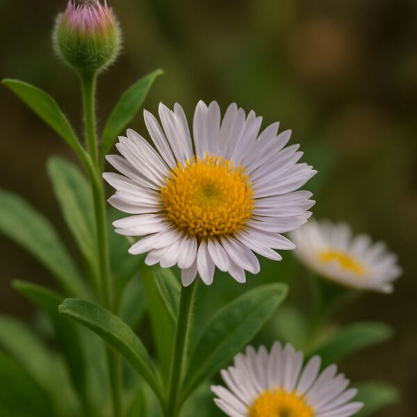 Blühende Maintsorinina-Pflanze (Erigeron naudinii) mit weiß-violetten Zungenblüten und leuchtend gelber Mitte, umgeben von frischem Grün in natürlichem Licht.